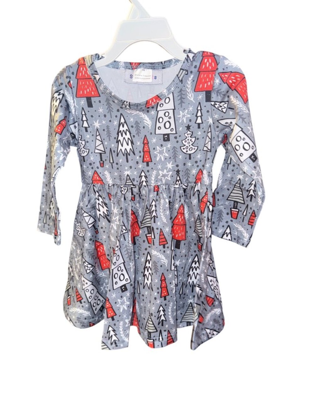 Christmas Tree Patterned Toddler Dress Long Sleeve Gray Red & White XS 18/24 Mon